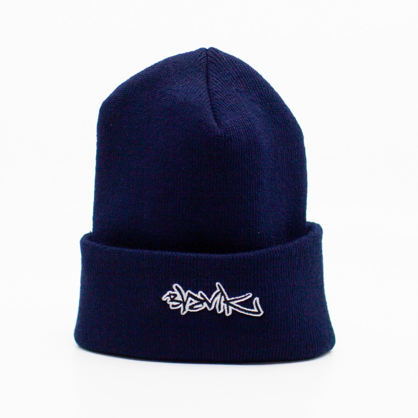 Blank navy-colored beanie with logo on the fold.